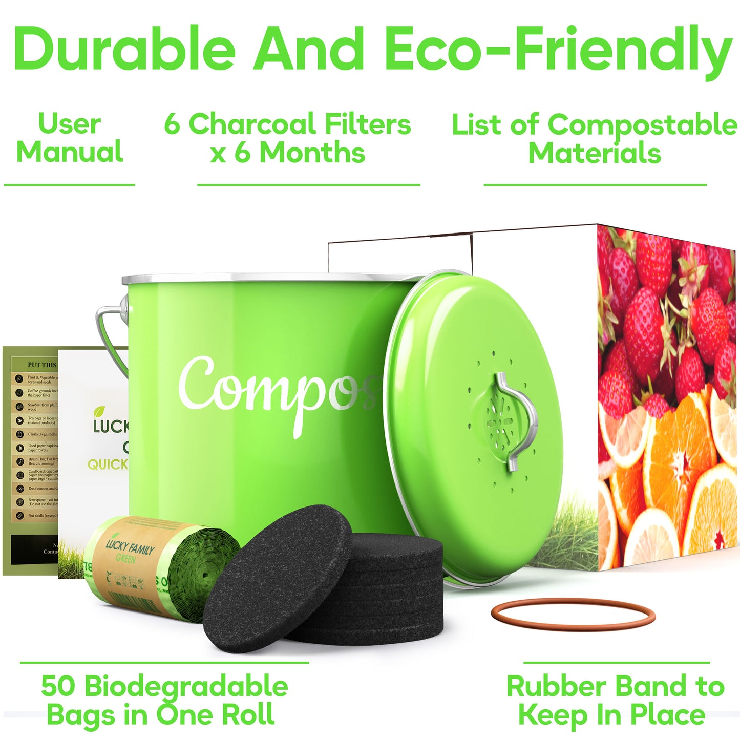 Lucky Family Green Countertop Compost Bin with Lid - 1.6 Gal Stainless Steel Compost Pail for Kitchen - Bucket Composter Container Indoor Outdoor - 50 Biodegradable Bags and 6 Charcoal Filters – Green