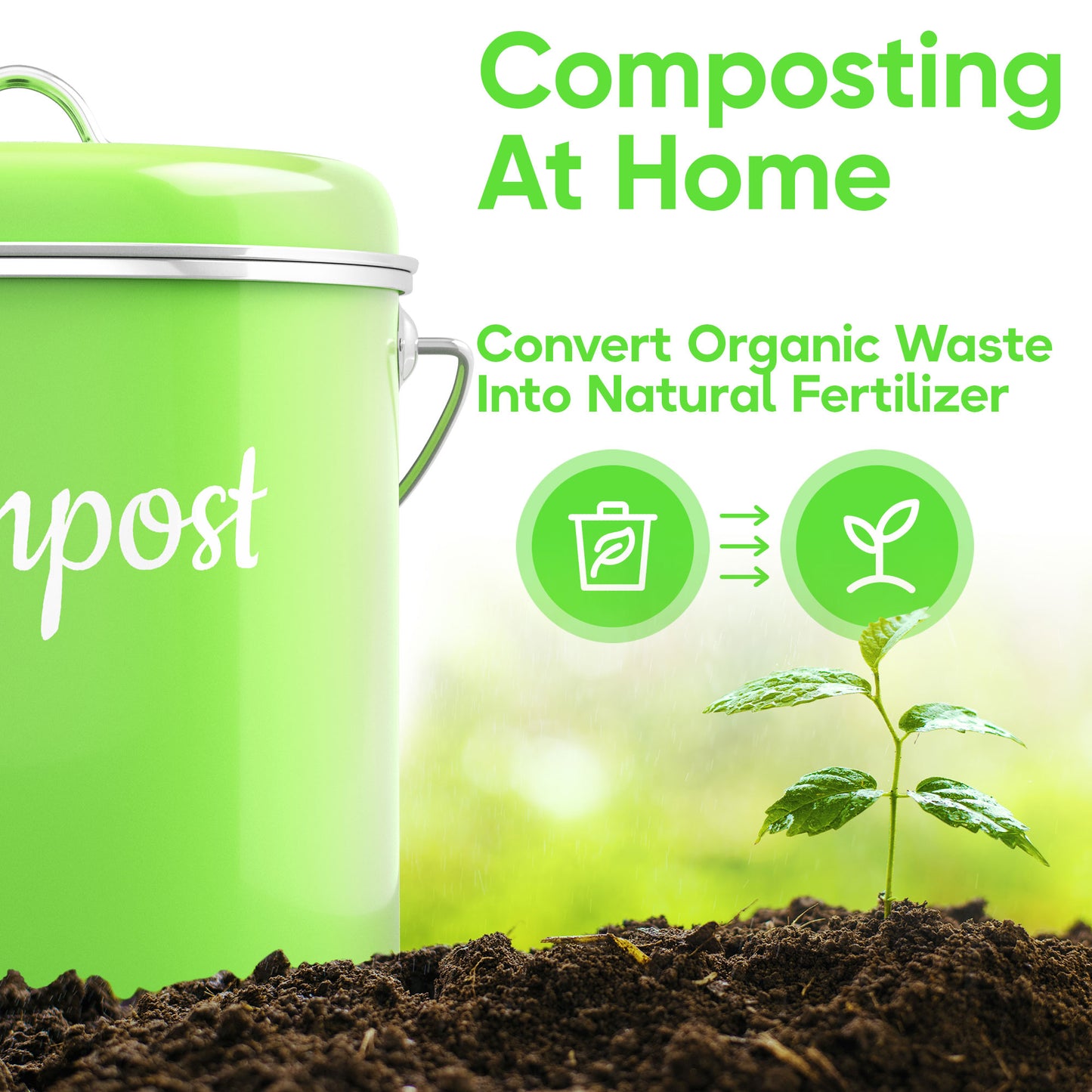 Lucky Family Green Countertop Compost Bin with Lid - 1.6 Gal Stainless Steel Compost Pail for Kitchen - Bucket Composter Container Indoor Outdoor - 50 Biodegradable Bags and 6 Charcoal Filters – Green