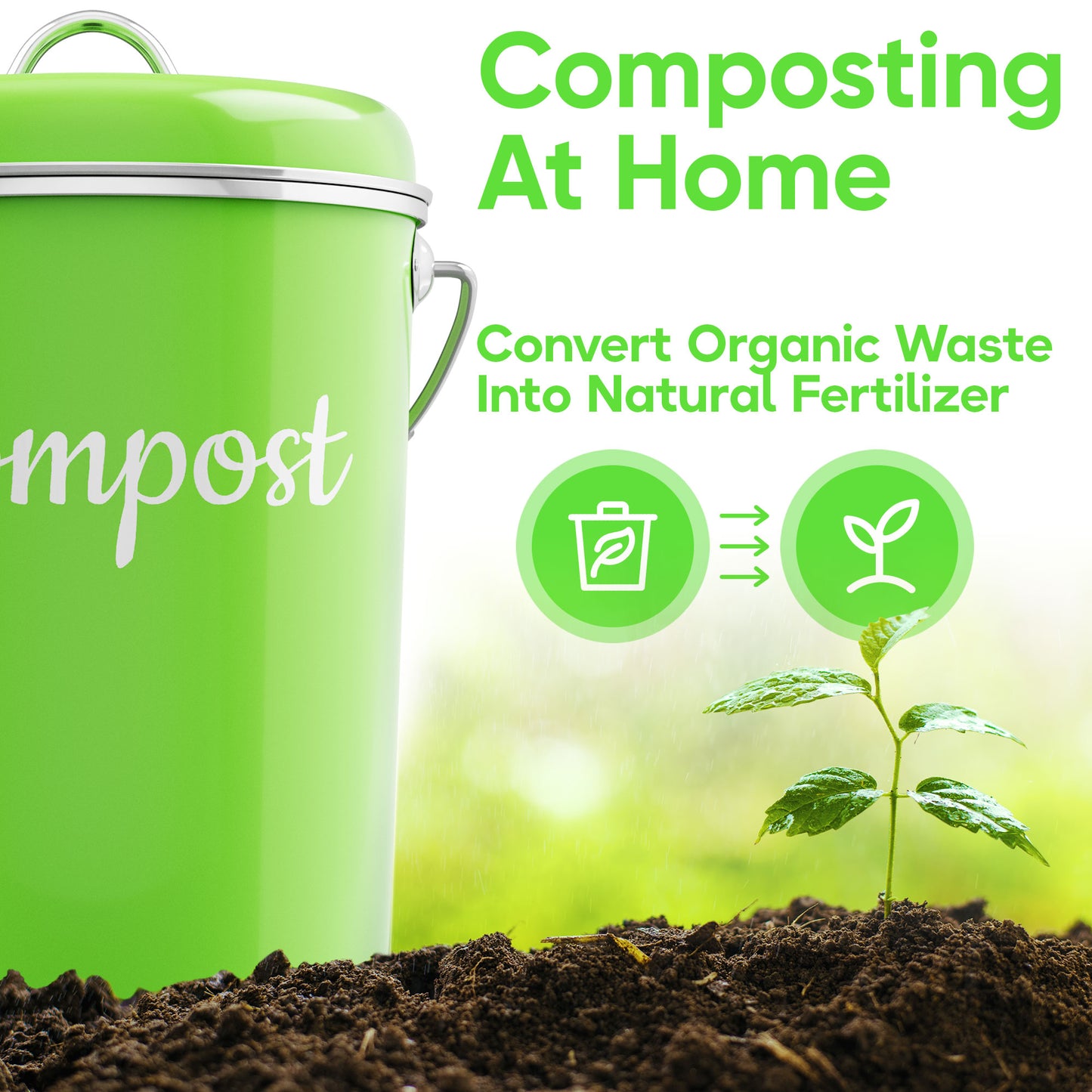 Lucky Family Green Countertop Compost Bin with Lid - 1.3 Gal Stainless Steel Compost Pail for Kitchen - Bucket Composter Container Indoor Outdoor - 50 Biodegradable Bags and 6 Charcoal Filters – Green