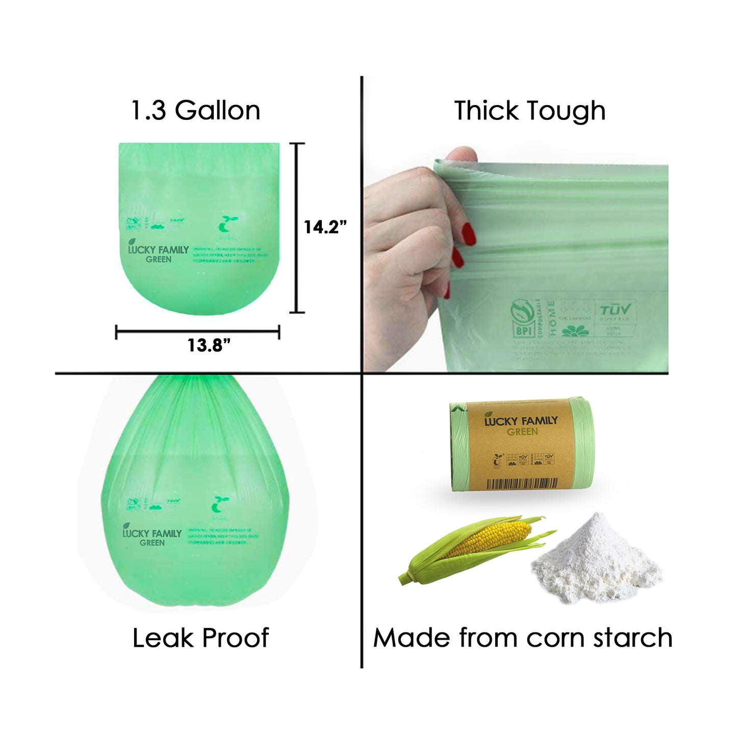 Lucky Family Green Compost Bags for Kitchen Countertop Bin 1.3 up to 1.6 Gallon - 100% Compostable Food Waste Trash Repurpose - Perfect Biodegradable Organic Eco Friendly - 50 Bags per Roll