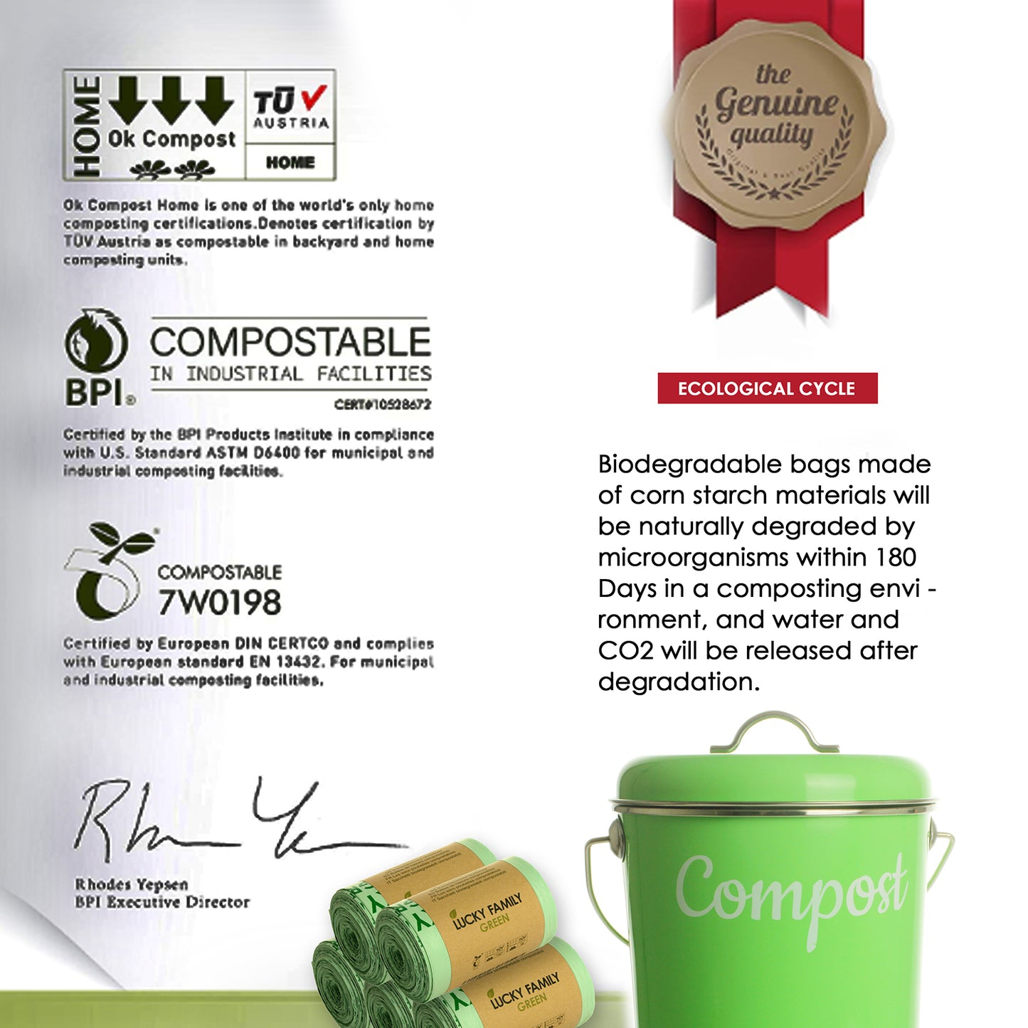 Lucky Family Green Compost Bags for Kitchen Countertop Bin 1.3 up to 1.6 Gallon - 100% Compostable Food Waste Trash Repurpose - Perfect Biodegradable Organic Eco Friendly - 50 Bags per Roll
