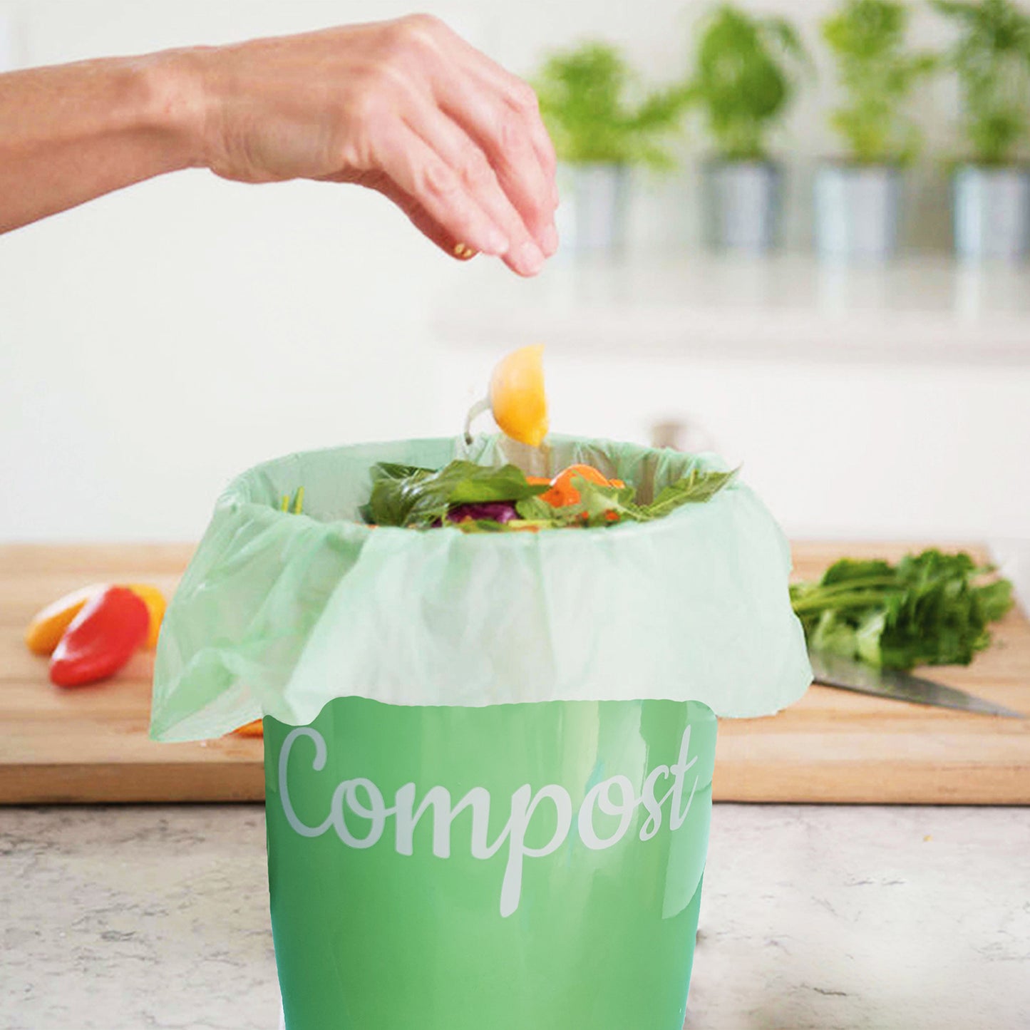 Lucky Family Green Compost Bags for Kitchen Countertop Bin 1.3 up to 1.6 Gallon - 100% Compostable Food Waste Trash Repurpose - Perfect Biodegradable Organic Eco Friendly - 50 Bags per Roll