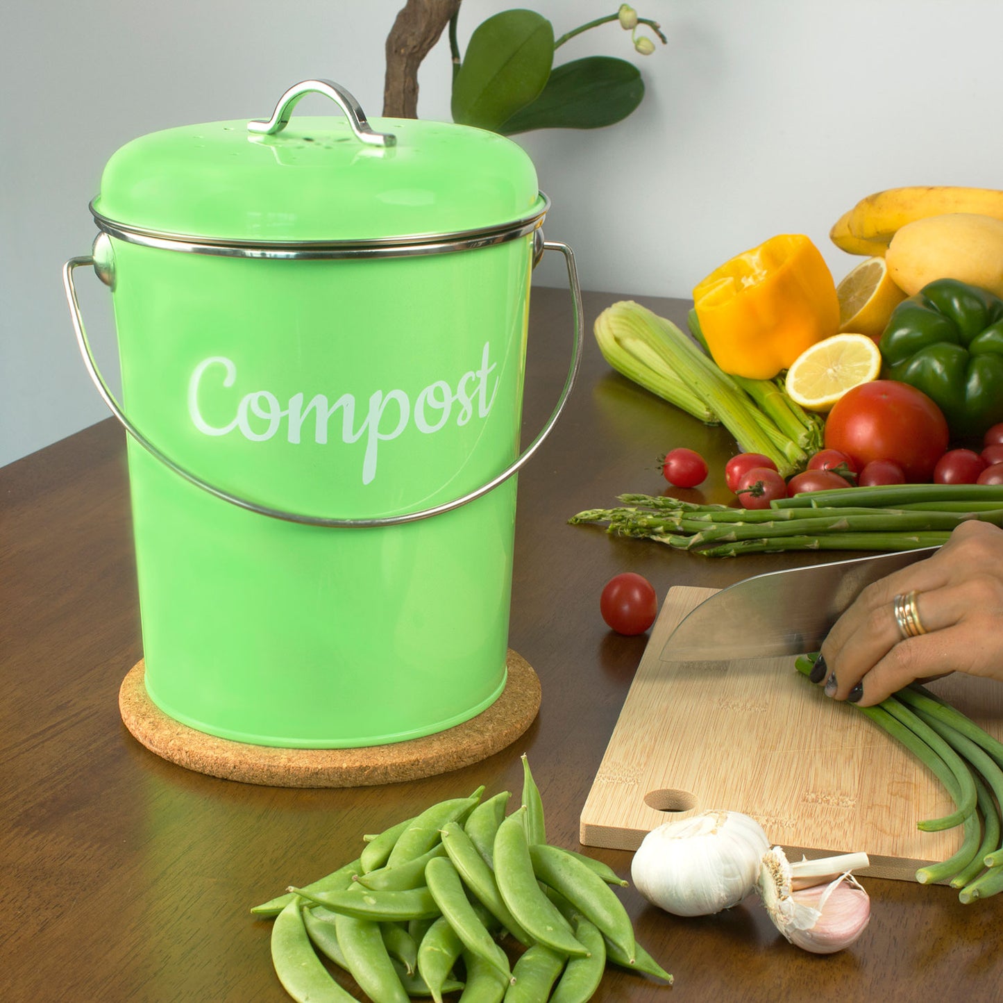 Lucky Family Green Countertop Compost Bin with Lid - 1.3 Gal Stainless Steel Compost Pail for Kitchen - Bucket Composter Container Indoor Outdoor - 50 Biodegradable Bags and 6 Charcoal Filters – Green