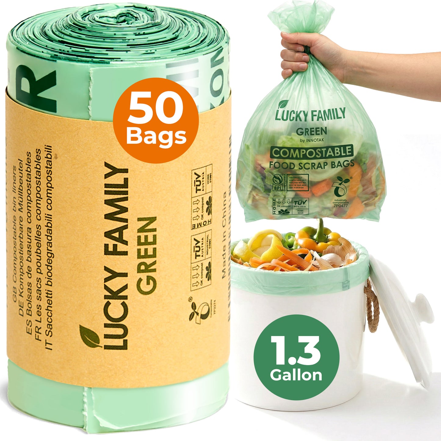 Lucky Family Green Compostable Trash Bags for Kitchen Compost Bins – 1.3 Gallon Small Compost Bags for Countertop Bin, Green Compostable Bags, BPI & OK Industrial Certified, Leak-Proof Food Waste Bags (50 Count)
