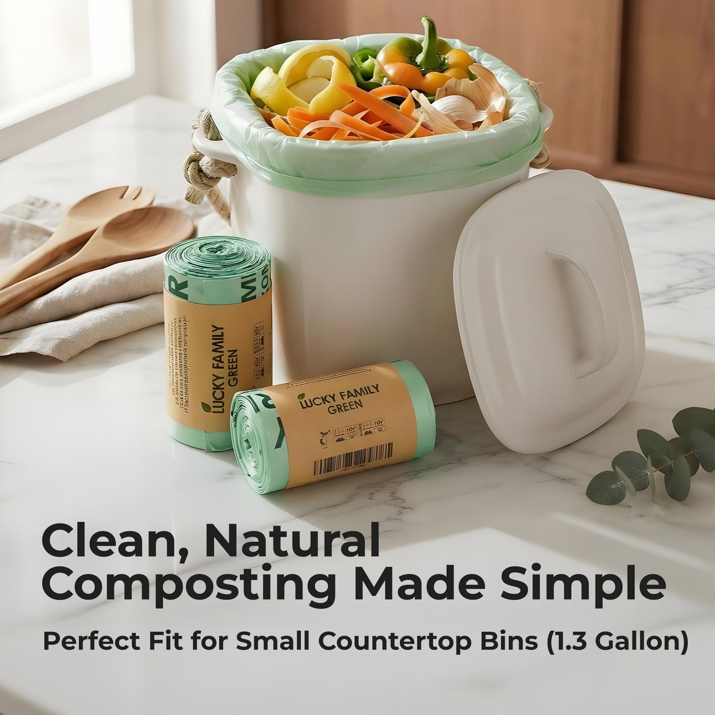 Lucky Family Green Compostable Trash Bags for Kitchen Compost Bins – 1.3 Gallon Small Compost Bags for Countertop Bin, Green Compostable Bags, BPI & OK Industrial Certified, Leak-Proof Food Waste Bags (50 Count)