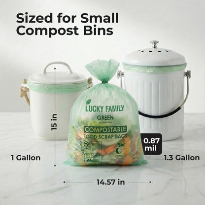 Lucky Family Green Compostable Trash Bags for Kitchen Compost Bins – 1.3 Gallon Small Compost Bags for Countertop Bin, Green Compostable Bags, BPI & OK Industrial Certified, Leak-Proof Food Waste Bags (50 Count)