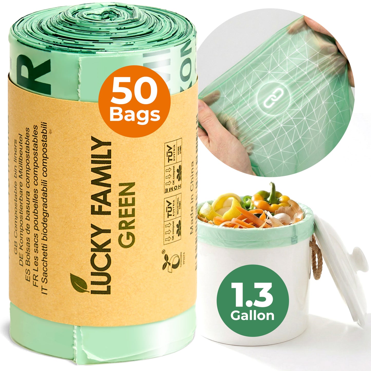 Lucky Family Green Compostable Trash Bags for Kitchen Compost Bins – 1.3 Gallon Small Compost Bags for Countertop Bin, Green Compostable Bags, BPI & OK Industrial Certified, Leak-Proof Food Waste Bags (50 Count)