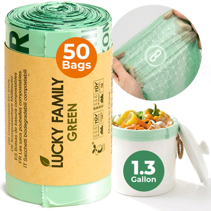 Lucky Family Green Compostable Trash Bags for Kitchen Compost Bins – 1.3 Gallon Small Compost Bags for Countertop Bin, Green Compostable Bags, BPI & OK Industrial Certified, Leak-Proof Food Waste Bags (50 Count)