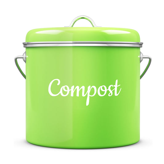 Lucky Family Green Countertop Compost Bin with Lid - 1.6 Gal Stainless Steel Compost Pail for Kitchen - Bucket Composter Container Indoor Outdoor - 50 Biodegradable Bags and 6 Charcoal Filters – Green