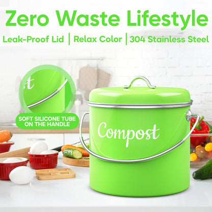 Lucky Family Green Countertop Compost Bin with Lid - 1.6 Gal Stainless Steel Compost Pail for Kitchen - Bucket Composter Container Indoor Outdoor - 50 Biodegradable Bags and 6 Charcoal Filters – Green