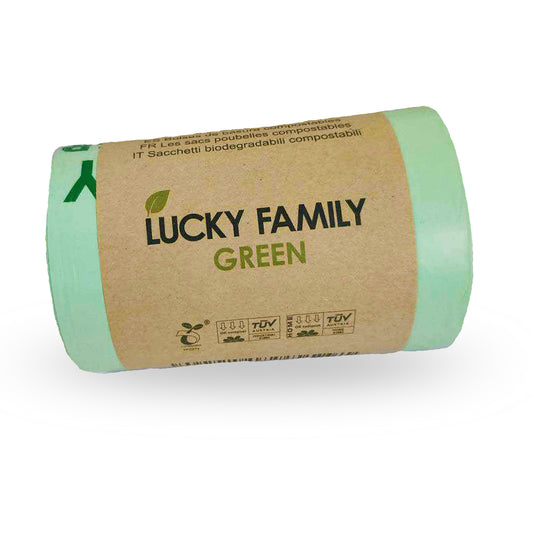 Lucky Family Green Compost Bags for Kitchen Countertop Bin 1.3 up to 1.6 Gallon - 100% Compostable Food Waste Trash Repurpose - Perfect Biodegradable Organic Eco Friendly - 50 Bags per Roll